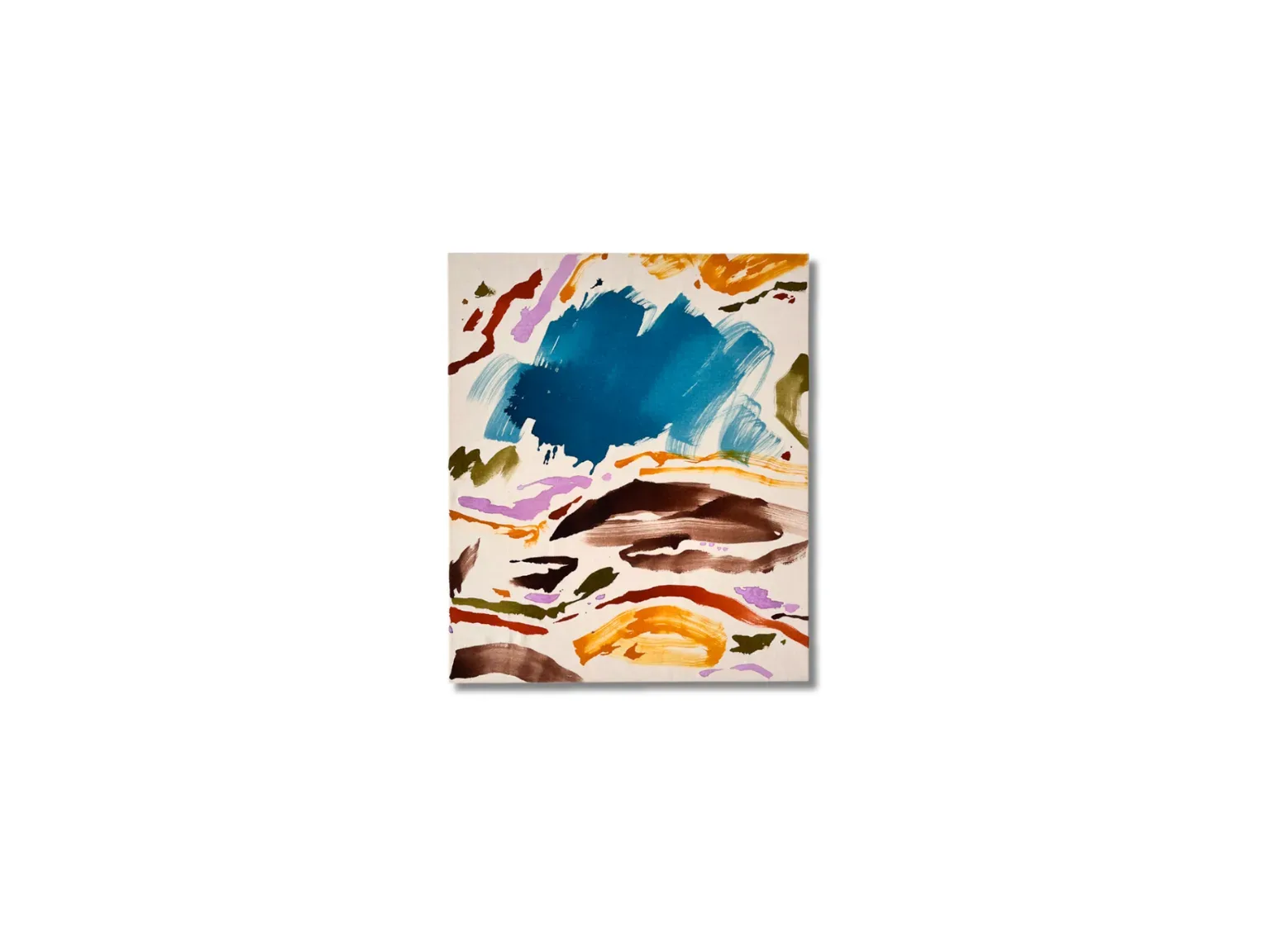 Between Movements I — abstract painting in teal, ochre, brown and lilac on unprimed canvas