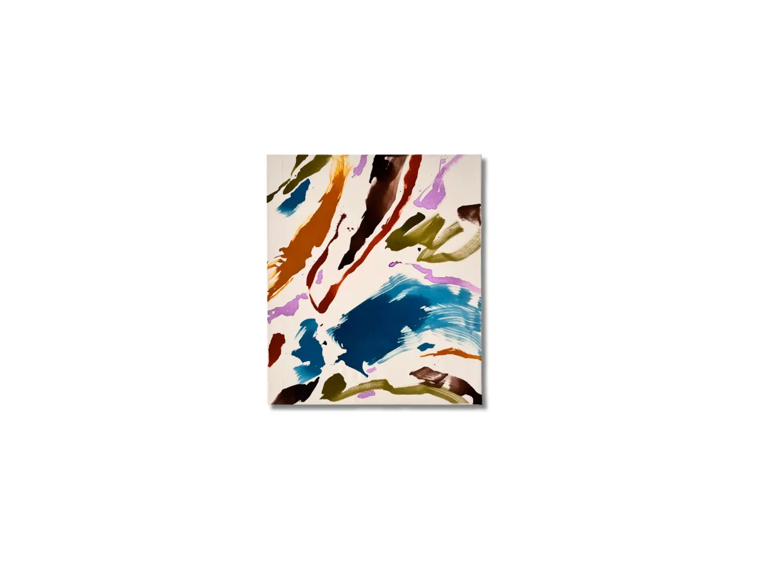 Between Movements II — abstract painting in blue, ochre, olive and lilac on unprimed canvas
