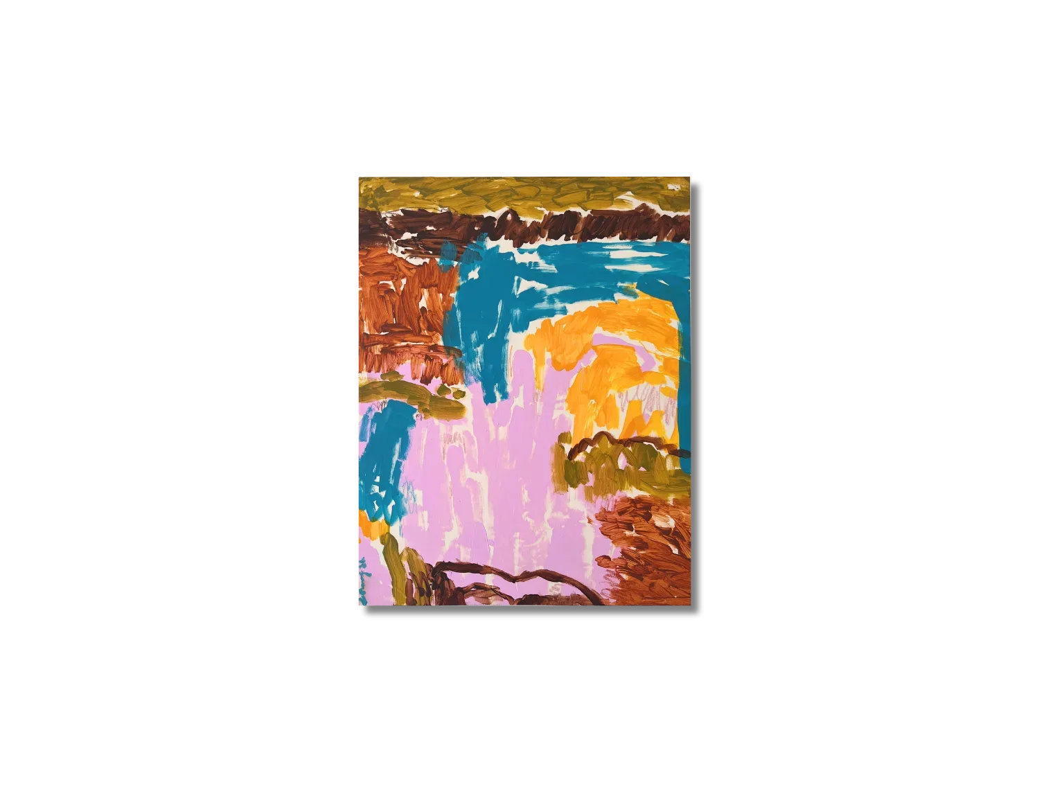 View from my Yard — abstract landscape in pink, teal, ochre, rust and olive acrylic on primed cotton canvas